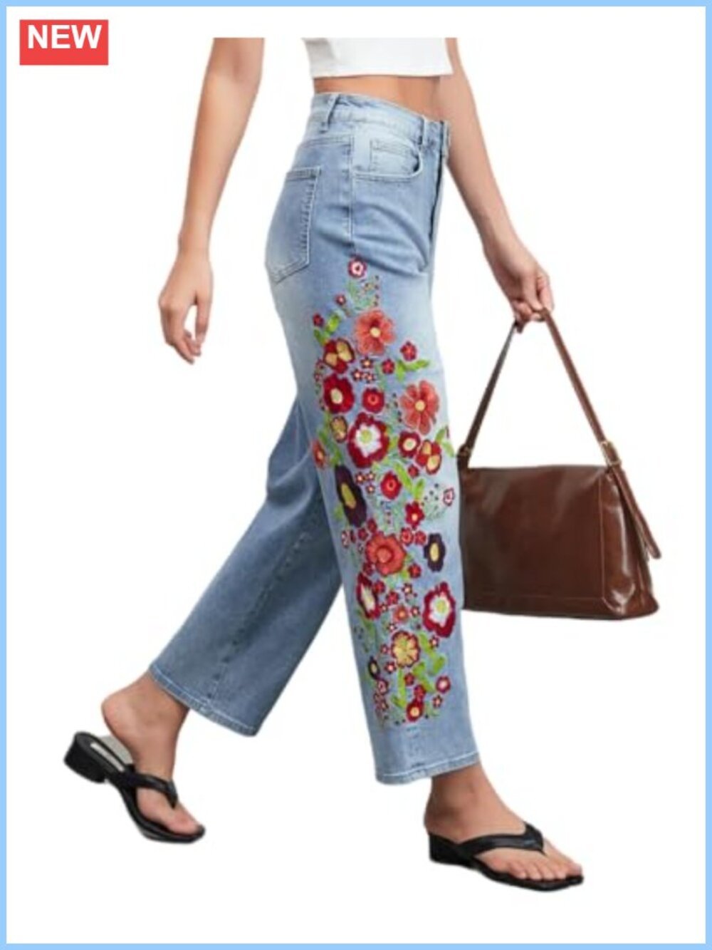 Cropped Straight Leg Jeans Mid Rise Floral Boho Ankle Denim